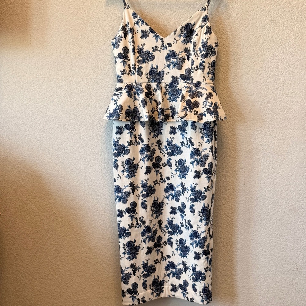 En Saison Midi Dress Floral Jacquard Peplum Womens Blue White M Pencil Dress